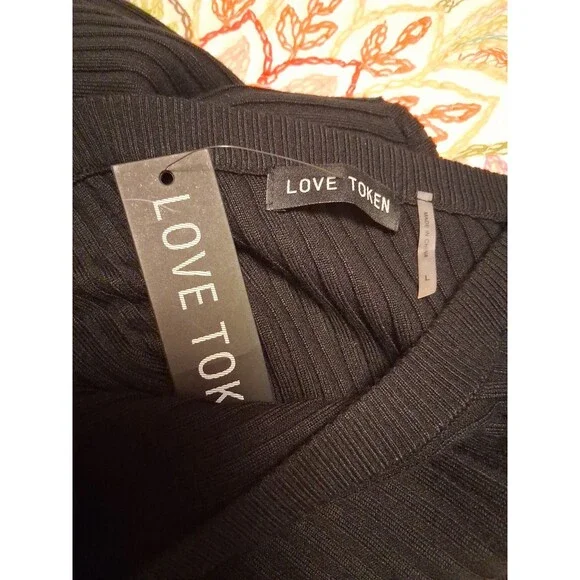 Love Token Black Asymmetrical Knit Sweater Dress Long Sleeve Size L/12 NWT - Picture 7 of 8